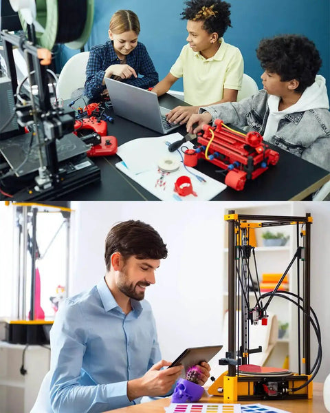 Group assembling 3D printer parts, illustrating T Slot Aluminum Extrusion 3030 Black Set Of 4 1000mm Rails for DIY projects.