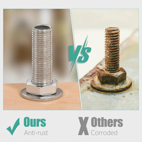 304 stainless steel flat washer set: shiny bolt with washer on left and rusty bolt on right
