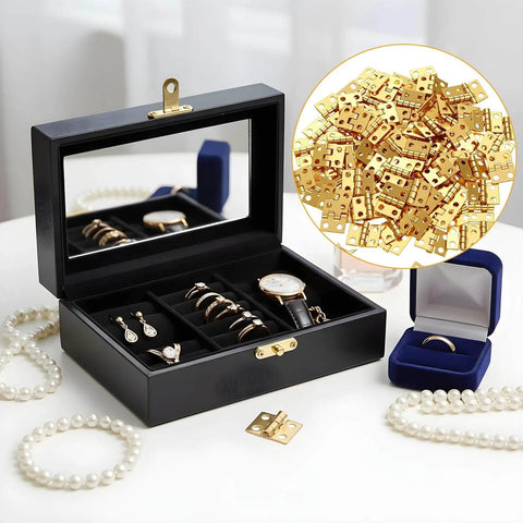 Gold Copper Mini Hinges For Crafts Pack Of 500 With Matching Screws shown adjacent to a jewelry box showcasing premium hardware.