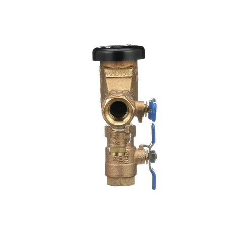 Brass Zurn Wilkins 34-710 3/4-in pressure vacuum breaker assembly with blue handles and black cap.