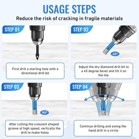 4-step guide on using the 6 Piece Diamond Drill Bit Set for Porcelain Ceramic Glass and Tile with Cooling Wax on delicate surfaces