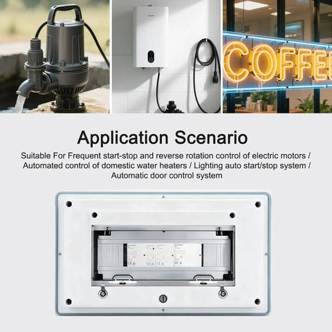 Application scenarios for Household AC Contactor HSR1-16 16A 2 Pole 2NC With 24V DC Coil include motors, water heaters, lighting, and doors.