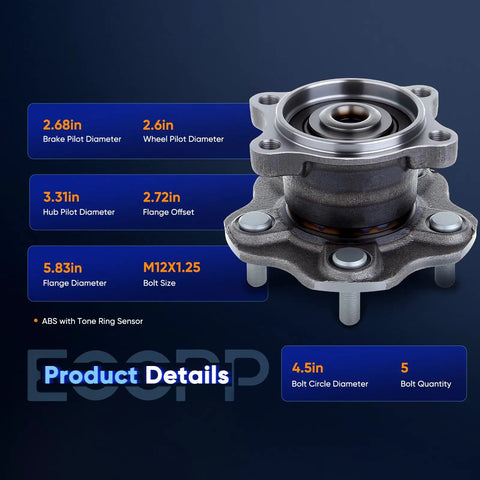 Diagram showing dimensions of Pair of Rear Wheel Hub Bearing Assembly 512201 for Nissan Altima 2002-2006, Maxima 2004-2008, Quest 2004-2009 with ABS.