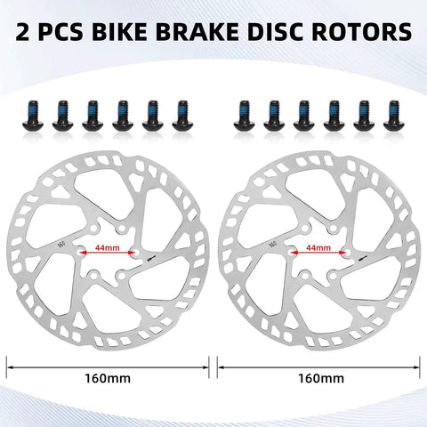 Two 160mm aluminum MTB disc brake rotors with mounting bolts, front view
