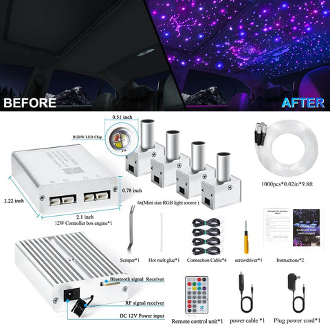 Split 4 Colors 12W Car Starlight Headliner Kit with 1000pcs 0.02in 9.8ft Fiber Optic Strands RGBW, components and installation guide