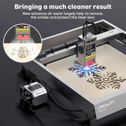 Air Assist For Laser Cutter And Engraver, 22 Liters Per Minute Air Output, shown in use engraving a wood surface, protecting lens