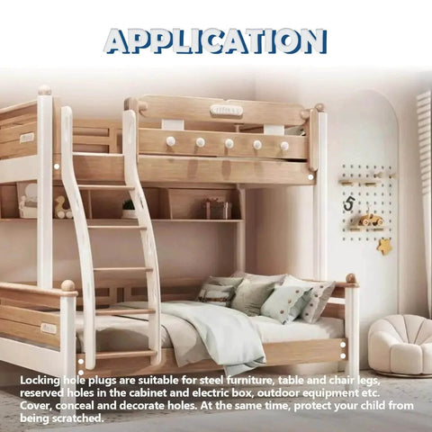 Bunk bed with Assorted Size Black Silicone Hole Plugs 100 Pcs For Round Holes 4mm To 13mm With Frosted Finish shown in use.