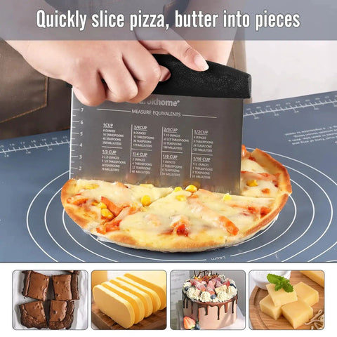 Stainless Steel Dough Pastry Bench Cutter Scraper Two Pack For Kitchen Baking With Laser Engraved Measuring Scale shown slicing pizza.