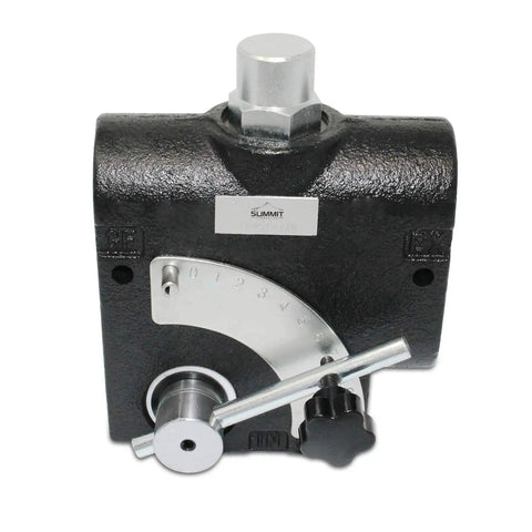 Front view of Adjustable Hydraulic Flow Control Valve with Relief for 0-30 GPM, 3/4 NPT port, black casing, pressure compensating.