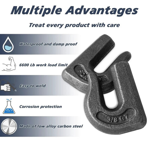 Image of two Eight Pack Weld On Chain Grab Hooks 3/8 G70 Forged Heavy Duty 6600 Lb WLL with product features highlighted.