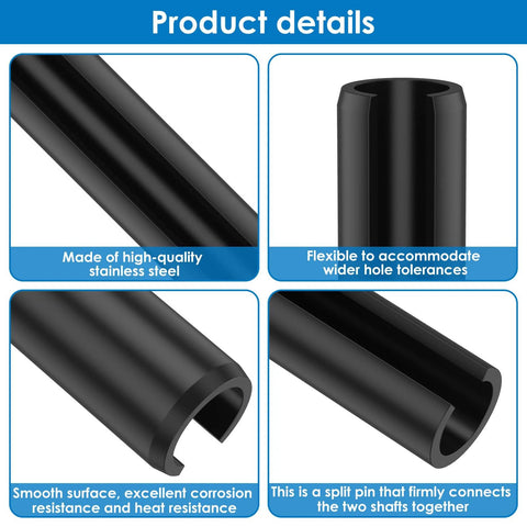 Close-up details of the Pro Grade 450 Piece Stainless Steel Roll Pin Assortment Set With Slotted Hollow Spring Pins showing materials and features.