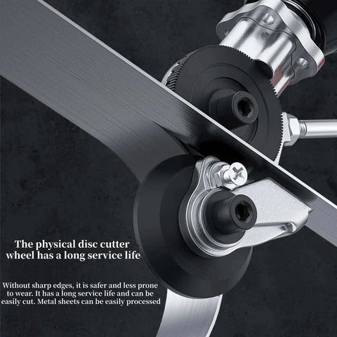 Sheet Metal Nibbler Drill Attachment For Electric Drills showing titanium gears cutting steel with spark free burr free technology
