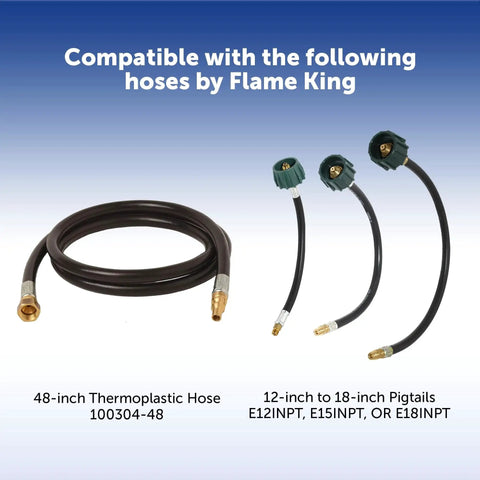 Flame King compatible hoses with 48-inch thermoplastic and 12 to 18-inch pigtail options for two-stage auto changeover propane regulator.