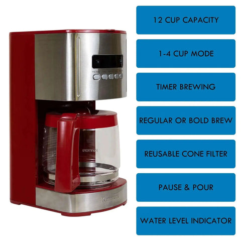 Red 12 Cup Programmable Drip Coffee Maker With Auto Shut Off And Glass Carafe, Regular Or Bold Brews, Large Water Reservoir, Reusable Filter