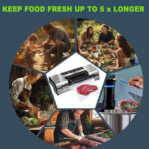 Pro Home Vacuum Sealer With Built In Cutter And Bag Storage Auto And Manual Modes shown with fresh sealed food around a table.