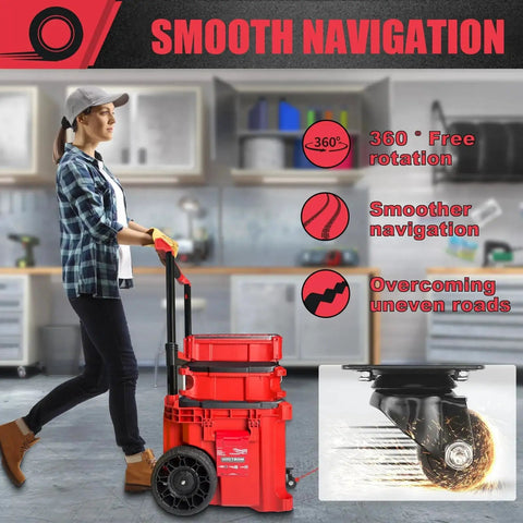 Person using Milwaukee Packout Caster Wheel Kit With Front Wheels For Packout Rolling Toolbox Heavy Duty 200 Lbs Capacity