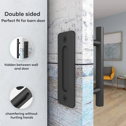 2 Pack 10 Inch Sliding Barn Door Handles And Pulls, Rustic Double Sided Hardware Set, heavy duty matte black, installed view