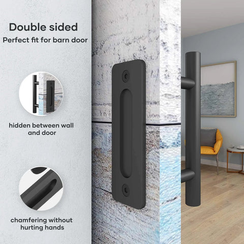 10 Inch Sliding Barn Door Handles And Pulls Set Rustic Double Sided Hardware Heavy Duty Matte Black Powder Coat Finish shown installed on a door