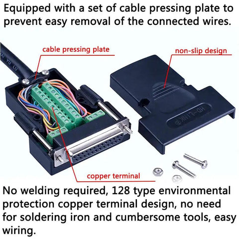 Open view of Two Pack DB25 Solderless Connector Kit showing cable pressing plate and copper terminal with screws and cover.