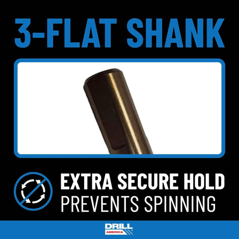 Image showing close-up of a 3-flat shank from the Gold Stepped Point Cobalt Drill Bit Set 29 Piece With Gold Oxide Finish For Quick Drilling In Acrylic Steel And Hard Metals In A Round Case Sizes One Sixteenth Inch To One Half Inch Sixty Fourths By Drill America.