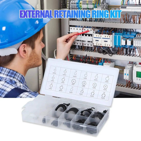 Gearhead Approved 17 Size External Retaining Ring Snap Ring Kit 2 To 32 Mm E Clip Circlip Set with hardened metal rings in plastic case, shown in use with electrical panel.