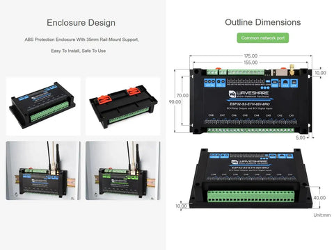 Dimension and design details of Rugged 8 Channel ESP32 S3 WiFi Relay Module With Onboard RS485, PoE Ethernet Port, Bluetooth control.