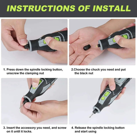 Installation steps for Cordless 12V Rotary Tool Kit With 5 Speed Settings, 114 Easy Change Accessories, Engraver, Sander, Polisher For DIY Projects And Handmade Crafts, Great Gift For Makers, WORKPRO.