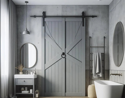 Bathroom with matte black sliding barn door featuring rotatable matte black gate pull handles with dual motion flip 180 and rotate 360.