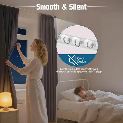 No Drill Adhesive Curtain Track With 10.5ft Ceiling And Wall Mount, in use by woman and child in bedroom, smooth operation