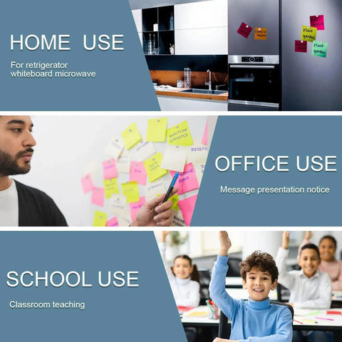 UTOMAG round magnets with adhesive backing on a blue banner illustrating home, office, and school use