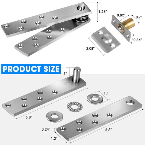 Hidden Door Hinge Set Heavy Side Type For Wood Doors And Bookshelves, 2 Pack Pivot Hinges with product size dimensions