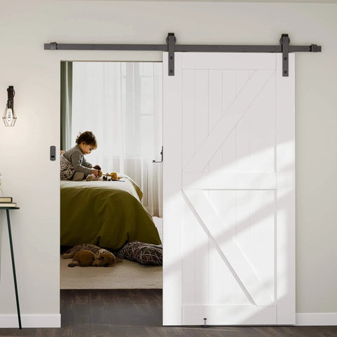 Sliding barn door partially opened with child and dog visible, highlighting 2 Pack 90 Degree Flip Barn Door Lock Set For Privacy And Real Deal Security, Easy Install, Black.