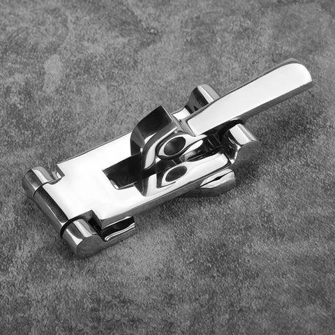 Boat hatch latch clamp, 316 stainless steel, anti-rattle locking mechanism, silver, 120mm, close-up view