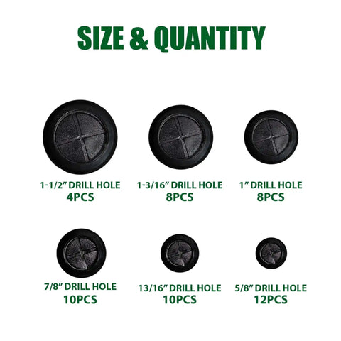 52 Piece Rubber Grommets Kit With Firewall Hole Plugs in six hole sizes displayed with quantity for wire protection and automotive repair.