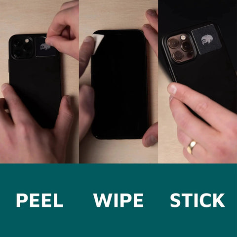 Demonstrating Pocket Size Universal Screen Cleaning Patch For Lenses And Devices; peel, wipe, stick steps shown on smartphone.