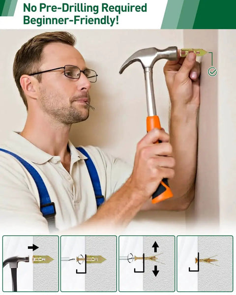 Man installing Self Drilling Drywall Anchors Kit With Expansion Screws In Three Sizes Zinc Plated Steel No Drill Required, using a hammer.