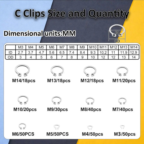 Chart showing C clip sizes and quantities from the 850 Pieces C Clip And E Clip Retaining Rings Set With Snap Ring Pliers And Tweezers In 24 Sizes Stainless Steel 304 For Auto Repair Machinery And DIY Projects Ideal For Quick Fixes