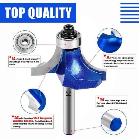Roundover Router Bit Set With 1/4 Inch Shank Pro Grade Carbide Tip with Bearing Guide for CNC Woodworking and Edge Forming