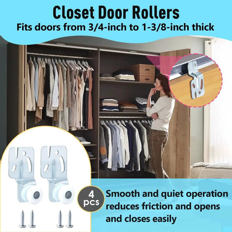 Closet Sliding Door Roller Kit For Top Hung Doors, Fits Three Quarter Inch To One And Three Eighths Inch Thick Panels, Includes Eight Screws, Made From Galvanized Steel For Corrosion Resistant Durability, Seven Eighths Inch Roller Diameter, shown in closet installation.
