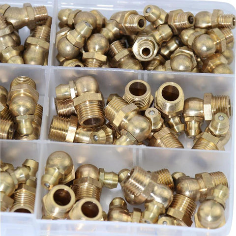 Brass zerk fittings assortment, 115 pcs, 1/4 and 1/8 in SAE standard, straight and 90/45 degree angles, in organizer