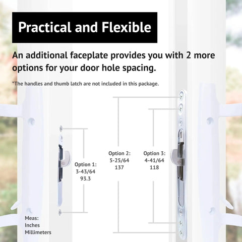 Sliding Patio Door Lock With 45 Degree Keyway And Adjustable Bolt Projection, Round End Faceplate For Glass Doors, Narrow Stile Aluminum Or Wooden Doors, 22mm Backset, Zinc Plated, Includes Mortise Lock, Keeper, Screws And U Shape Frame Faceplate shown with measurement options.