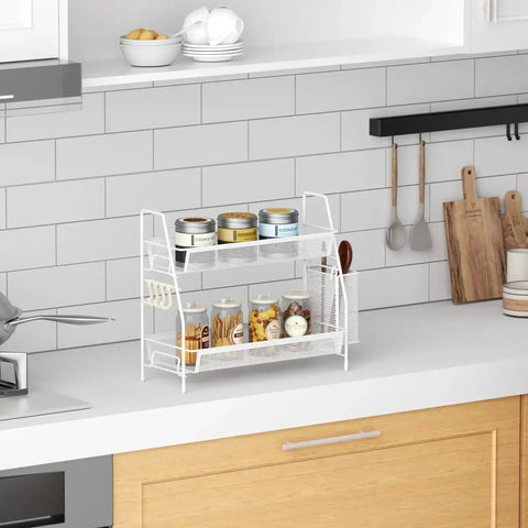 2 Tier Bathroom Organizer Countertop With Metal Wire Mesh Basket Hooks And Vanity Tray Shelf Kitchen Spice Rack White Finish on kitchen countertop with spices and jars