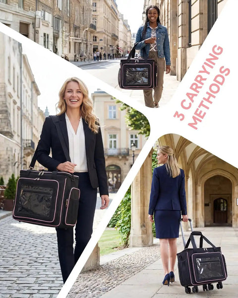 Rolling Teacher Tote Bag With Five Wheels And Detachable Trolley in use, showing 3 carrying methods in city scenes.