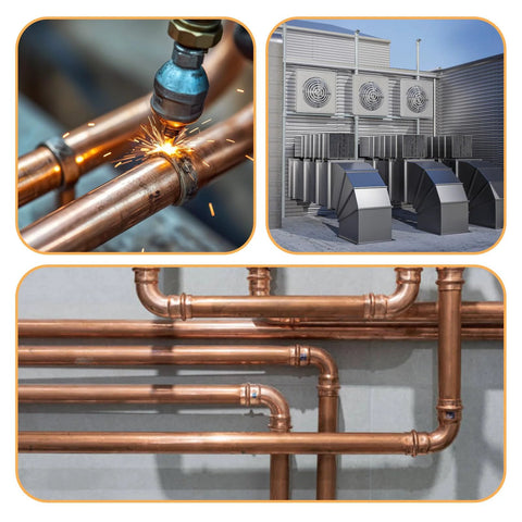 5Pcs straight copper fittings, 3/8 in ID straight coupling, sweat joint close-up
Copper HVAC fittings near outdoor condenser unit with cooling ducts
Installed copper piping network with straight 3/8 in fittings