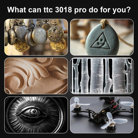 Collage showing examples of engraving and milling by Upgraded Metal Z Axis Desktop CNC Router For Engraving And Milling, All Metal 3 Axis Machine, 300mm X 180mm X 40mm Working Area, Great For Wood Acrylic MDF Nylon, Starter Friendly For Hobbyists And Makers By Twotrees TTC3018 Pro.