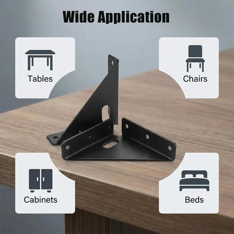 Built Tough Heavy Duty Gusset Joint Set Four Pieces for Invisible Corner Reinforcement and Shelf Support Metal Bracket on table