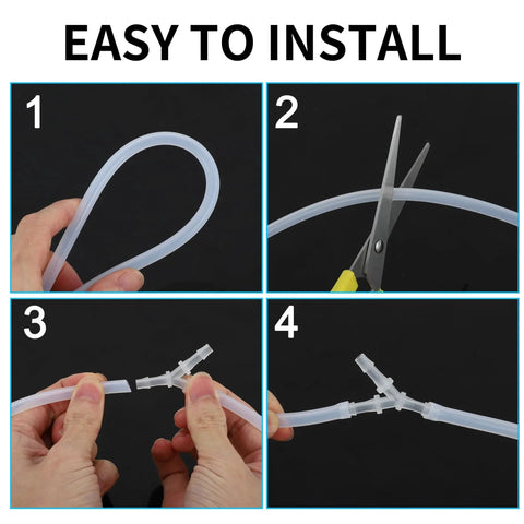 Installation steps of Y Shaped 3 Way Vacuum Tubing Connector For Your Ride One Eighth Inch Vacuum Line Fittings shown in four panels.