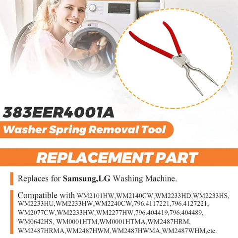 Washer tub spring expansion tool by Beaquicy, close-up view, solid metal with red handles, spreads to 4.3 inches.