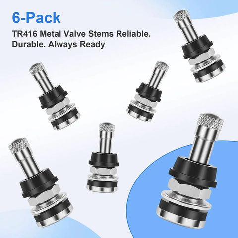 Six Pack TR416 Tire Valve Stems For High Pressure Two Hundred PSI Tubeless Brass Schrader Stems One And A Half Inch Fits 0.453 Inch And 0.625 Inch Rim Holes For Cars Trucks SUVs ATVs Trailers on blue background