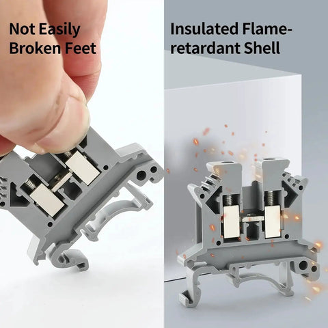 UK-2.5B Din Rail Wire Terminal Block with high-temp flame-resistant shell, showing durability and insulation, for electrical use.